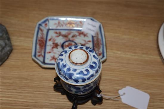 A Chinese Imari canted square dish and a small U-shaped jar, cover and stand, Kangxi period